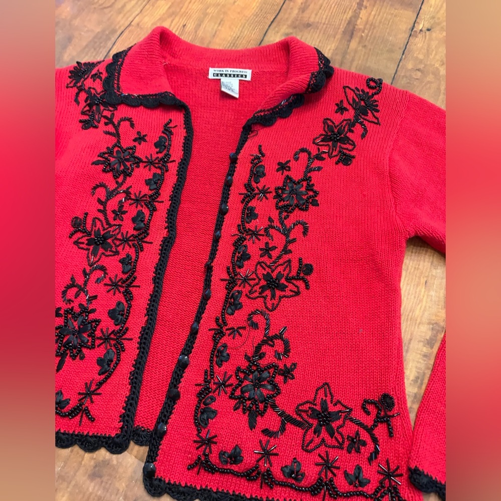 Vintage Beaded and Embroidered Red Cardigan Holiday Event Glam Artsy Granny Sz S